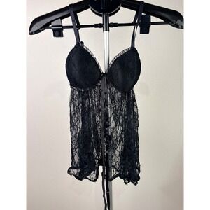 Black Floral Lace Babydoll Chemise Padded Cup Lingerie Medium Nightgown‎